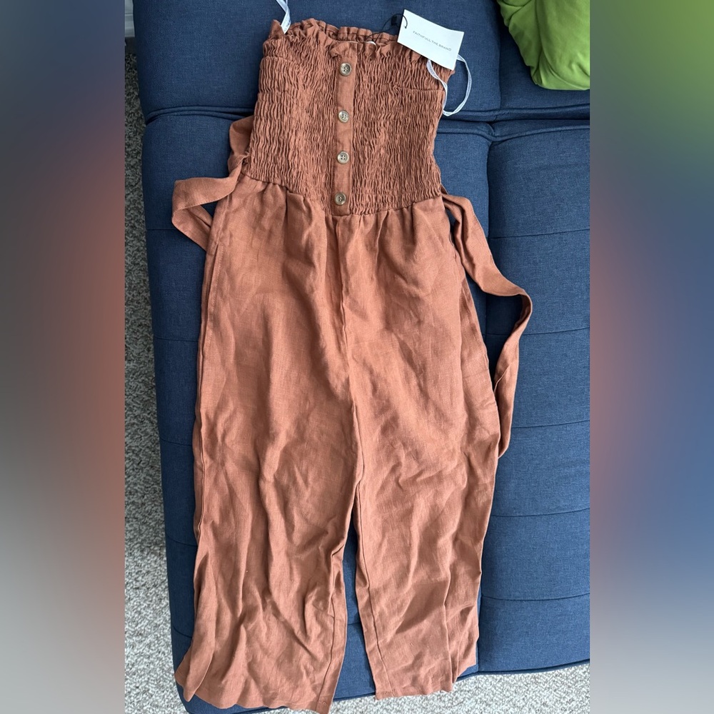 Faithfull the Brand Linen Brown Wide Leg Tie Waist Jumpsuit